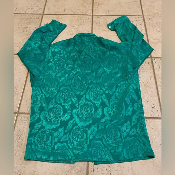 Vintage Emerald Green Floral Rose Jacquard Satin Blouse Top 80s 90s Size L/XL - Picture 2 of 4